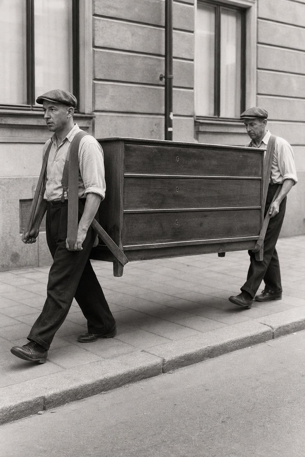 Två svenska flyttare på 1950-talet bär en byrå längs en gata i Skåne — en framför och en bakom, med bärselar över axlarna
